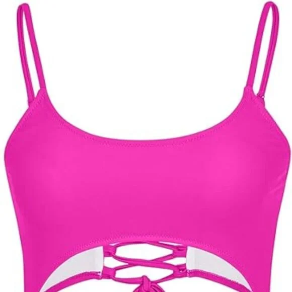 Meyeeka Women's Pink Scoop Neck Lace Up Back High Cut One Piece Swimsuit Small - Picture 9 of 12